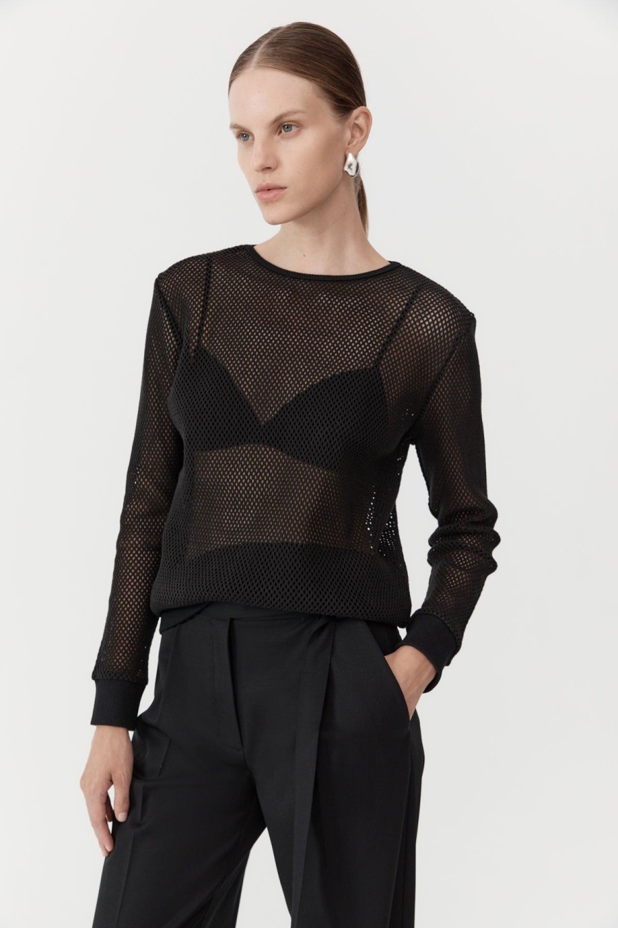 ST. AGNI Mesh Long Sleeve Top - Black | Tops