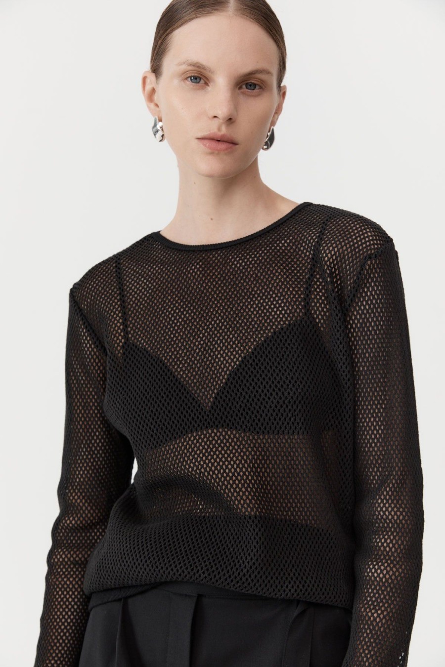 ST. AGNI Mesh Long Sleeve Top - Black | Tops