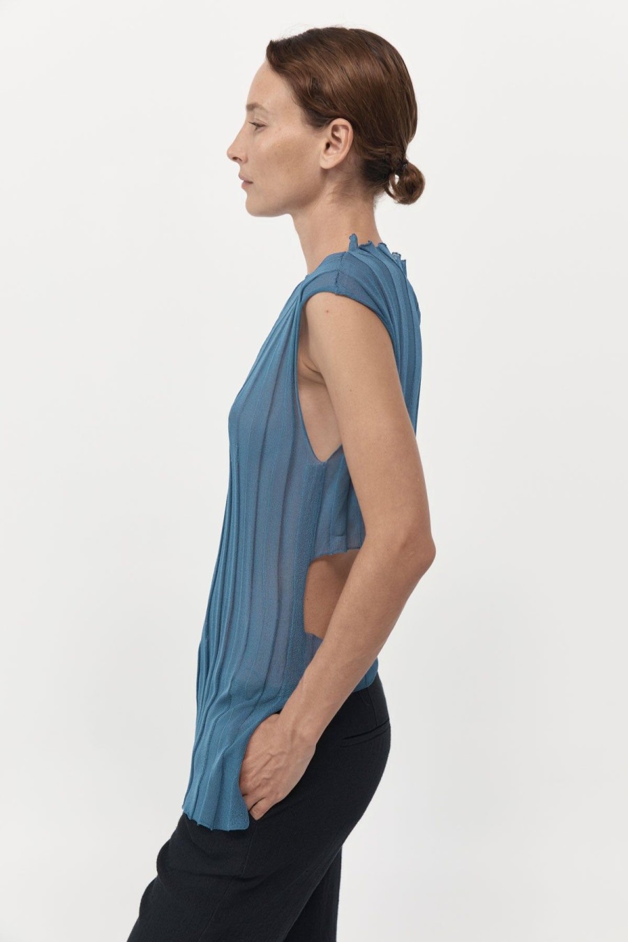 ST. AGNI Fine Pleat Knit Top - Steel Blue | Knitwear