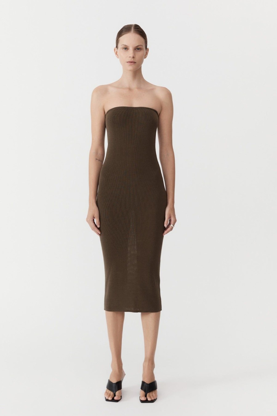 ST. AGNI 90s Strapless Knit Midi Dress - Kelp | Knitwear