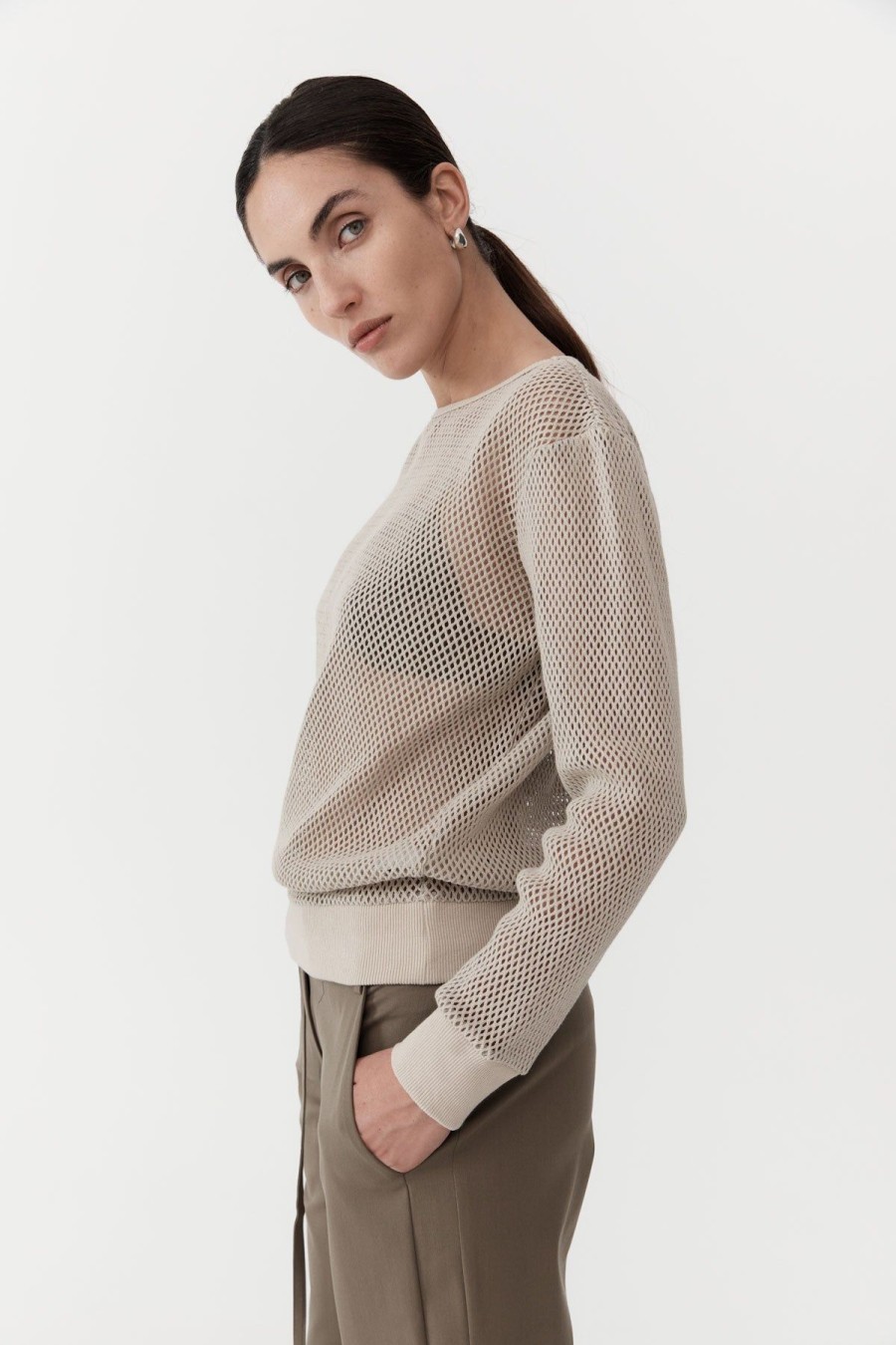 ST. AGNI Mesh Long Sleeve Top - Aloe | Knitwear