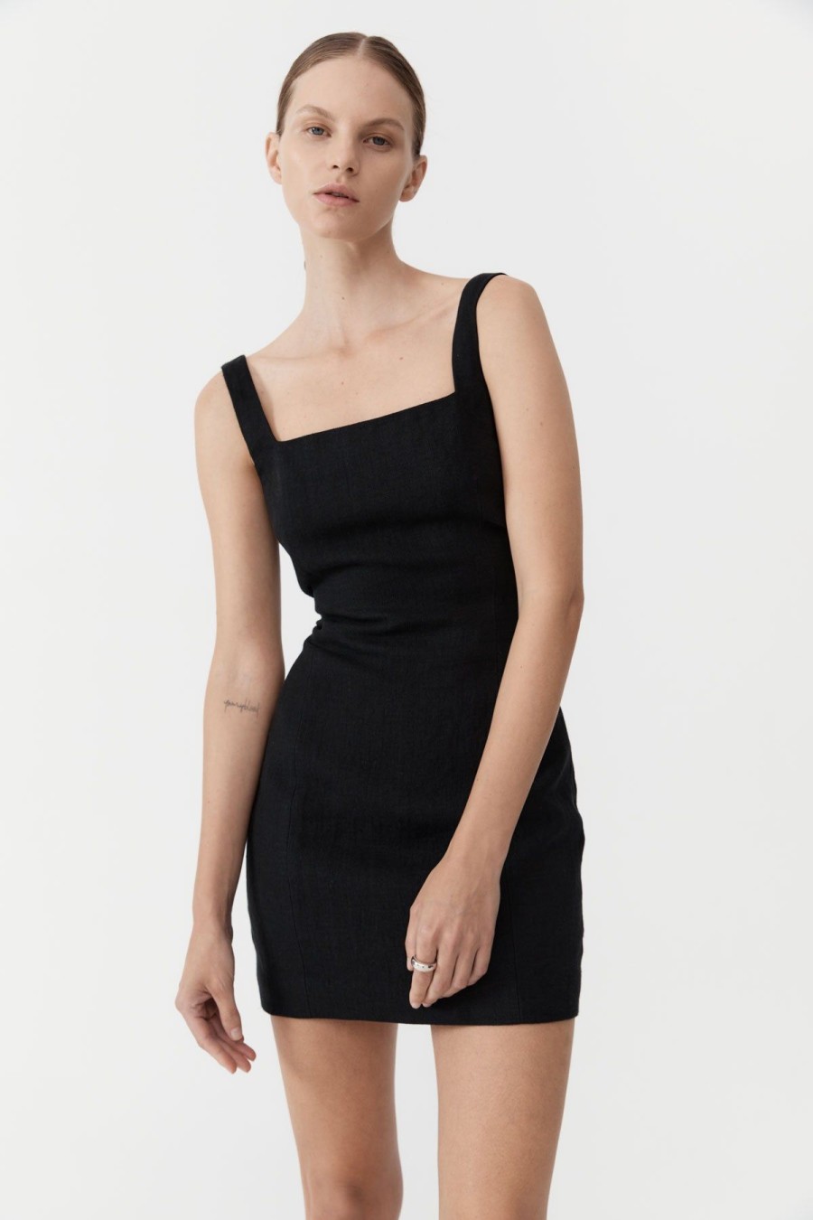 ST. AGNI Linen Square Neck Mini Dress - Black | Tailoring