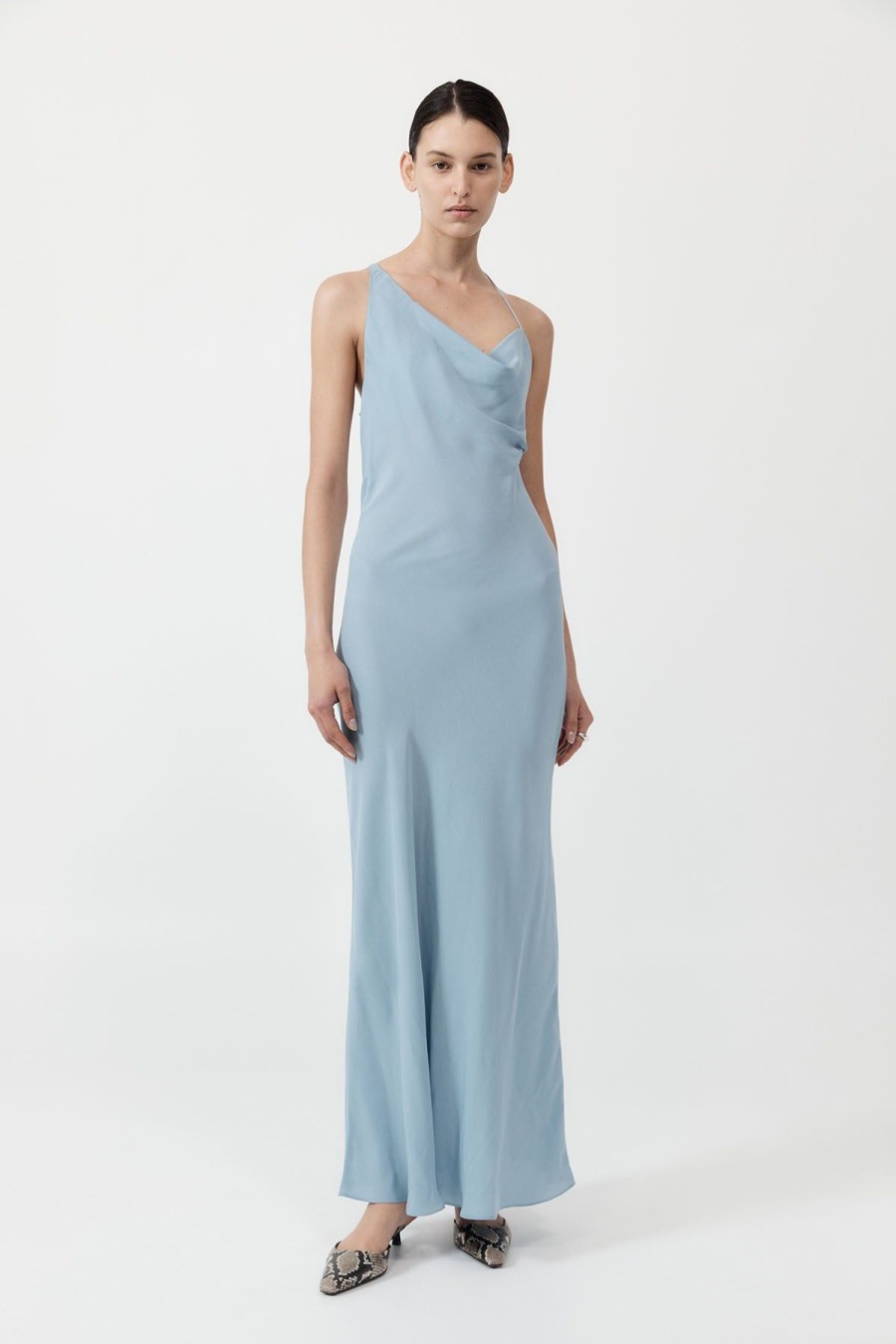 ST. AGNI Asymm Drape Maxi Dress - Stone Blue | Dresses