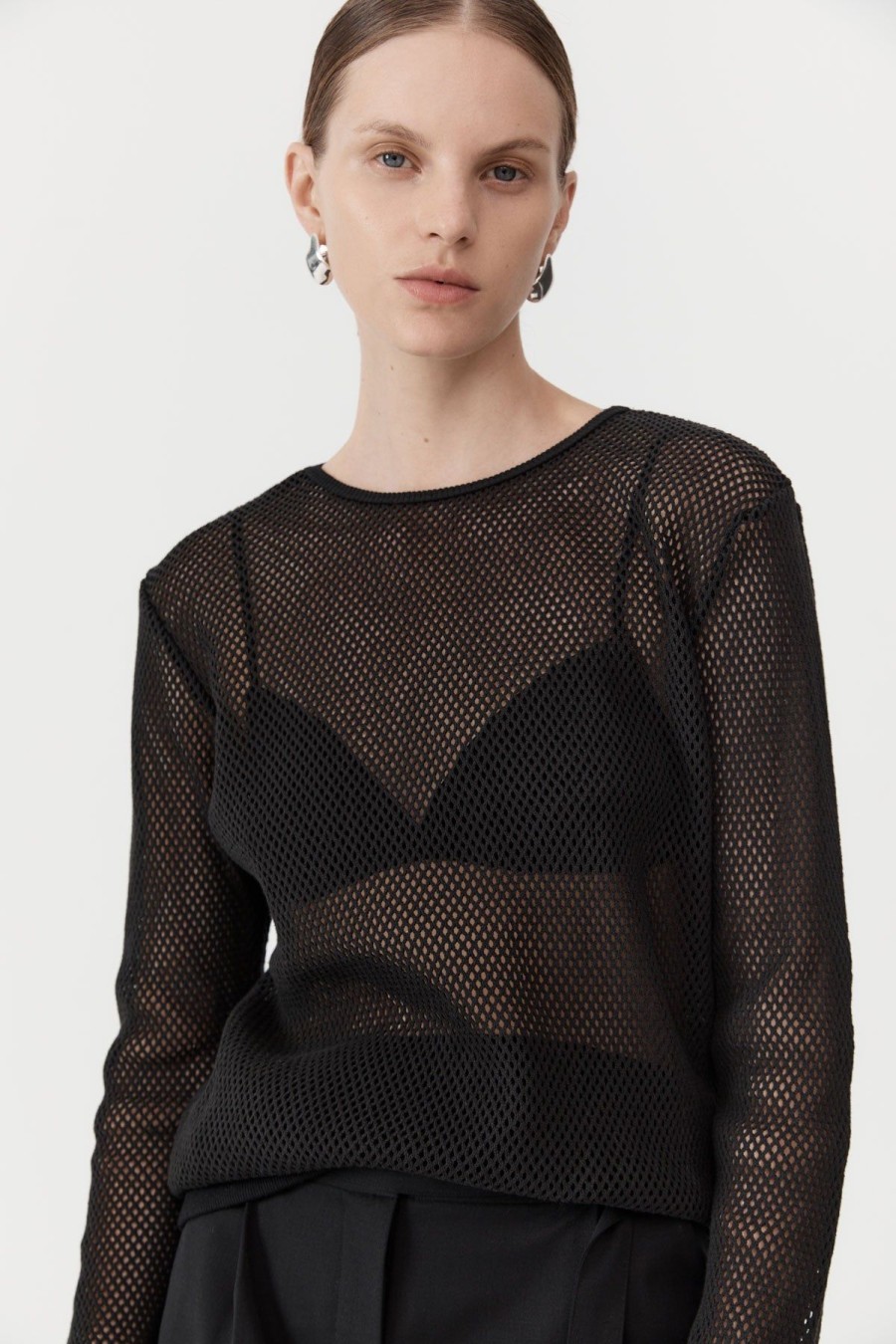 ST. AGNI Mesh Long Sleeve Top - Black | Jumpers