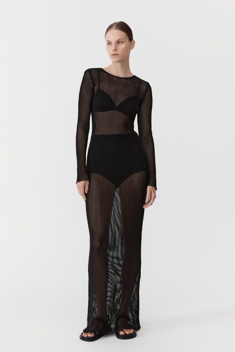 ST. AGNI Mesh Long Sleeve Dress - Black | Knitwear