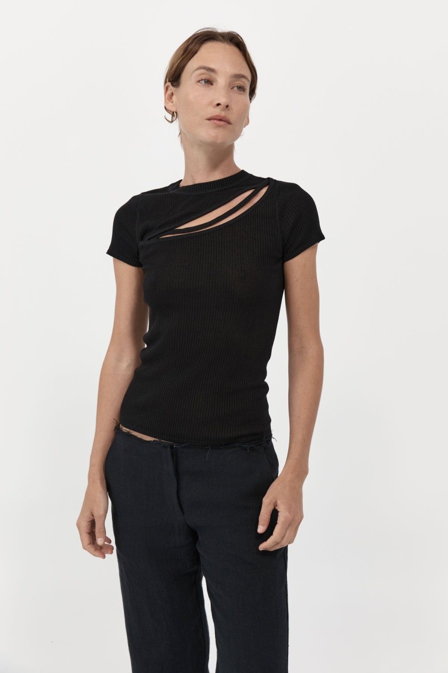 ST. AGNI Cut Out Knit Tee - Black | Knitwear