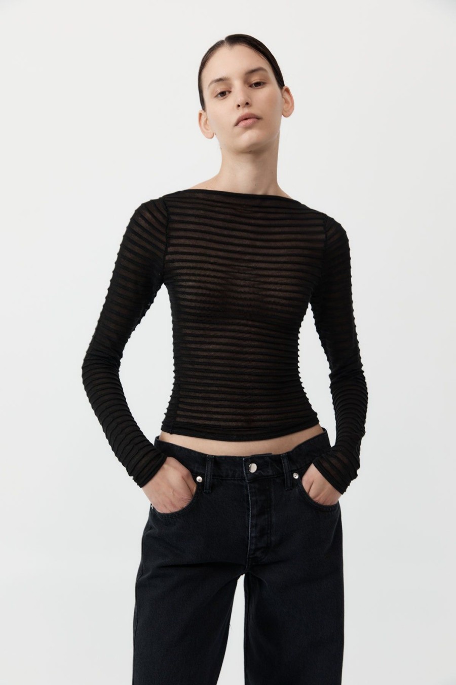 ST. AGNI Sheer Stripe Top - Black | Knitwear