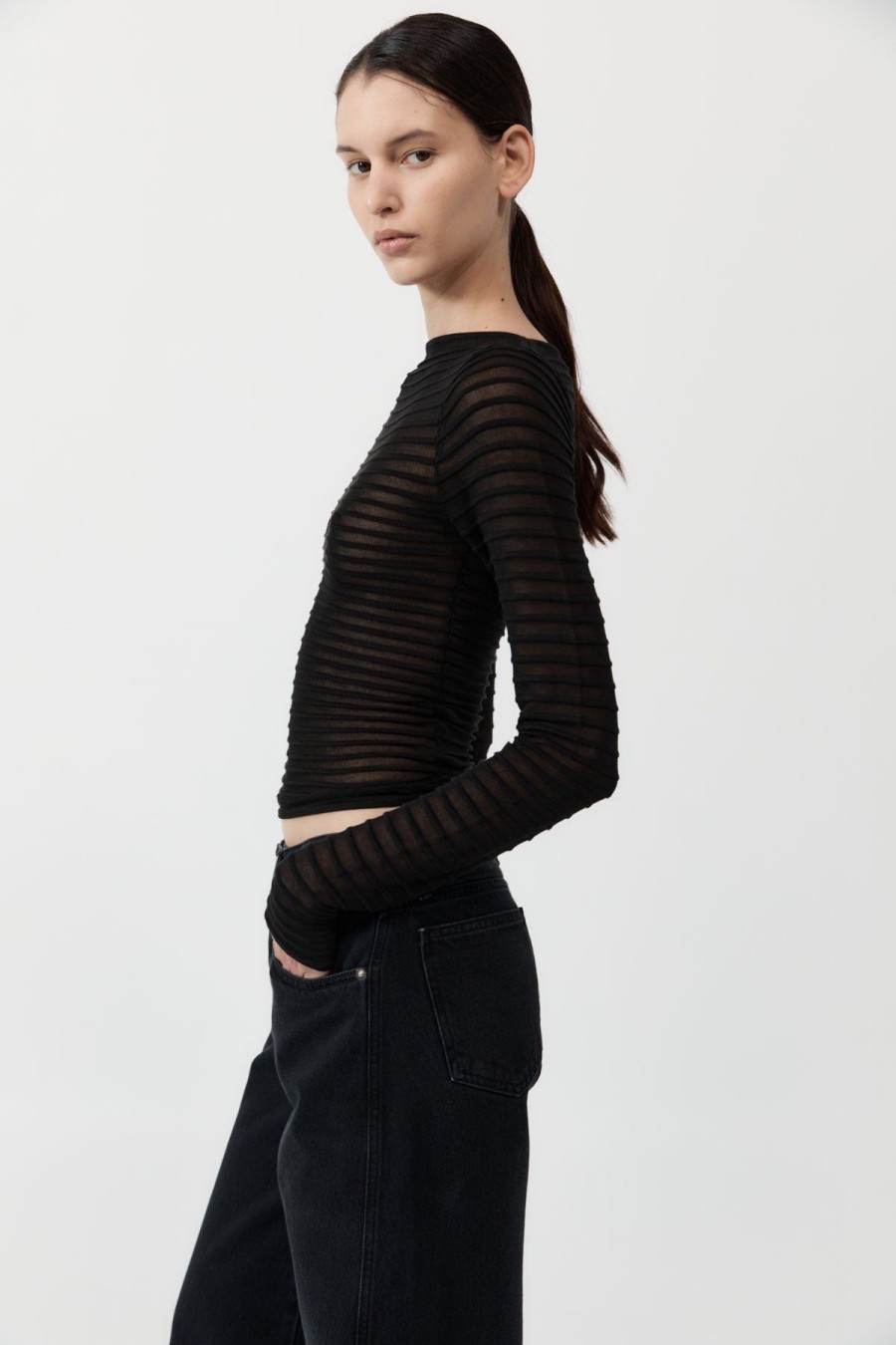 ST. AGNI Sheer Stripe Top - Black | Knitwear