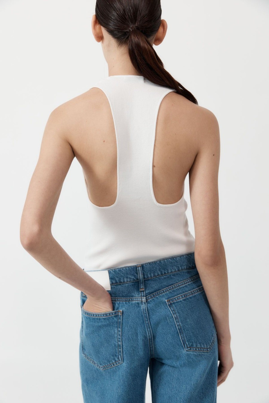 ST. AGNI Plunge Neck Knit Top - White | Singlets