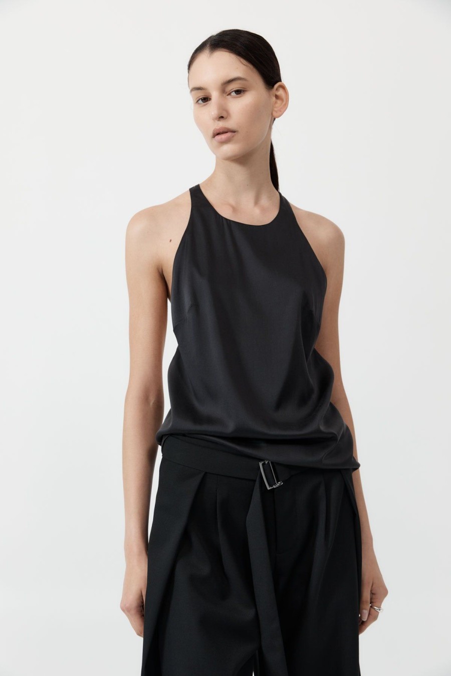 ST. AGNI Soft Silk Suspender Top - Black | Tops