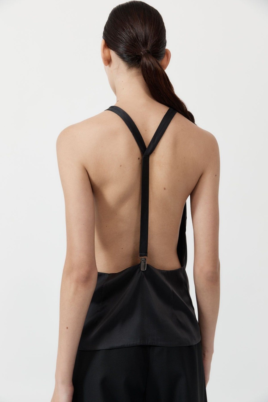 ST. AGNI Soft Silk Suspender Top - Black | Tops