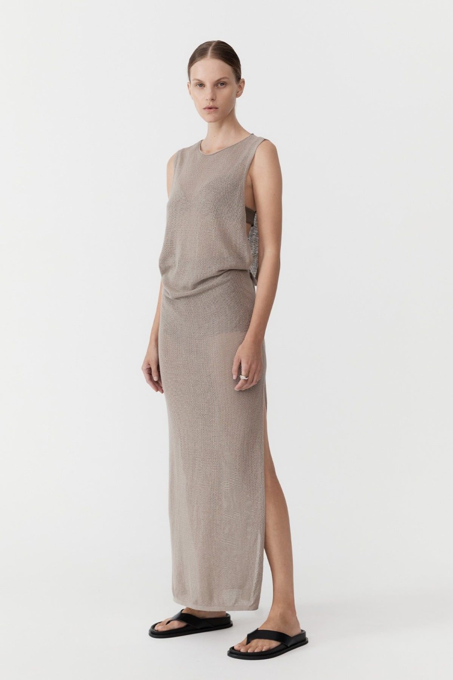 ST. AGNI Mesh Tuck Back Maxi Dress - Fog | Knitwear