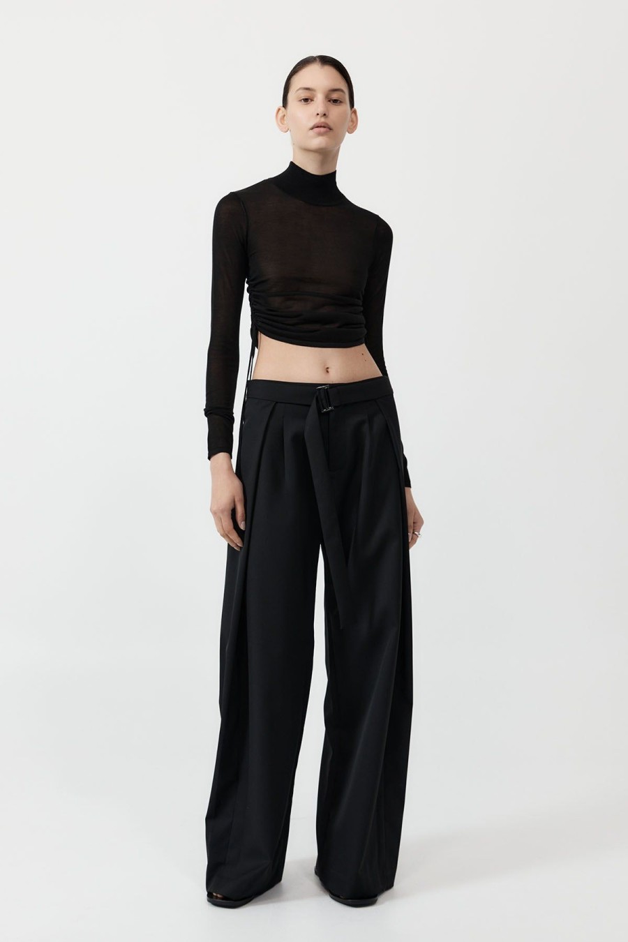 ST. AGNI Sheer Ruched Top - Black | Knitwear