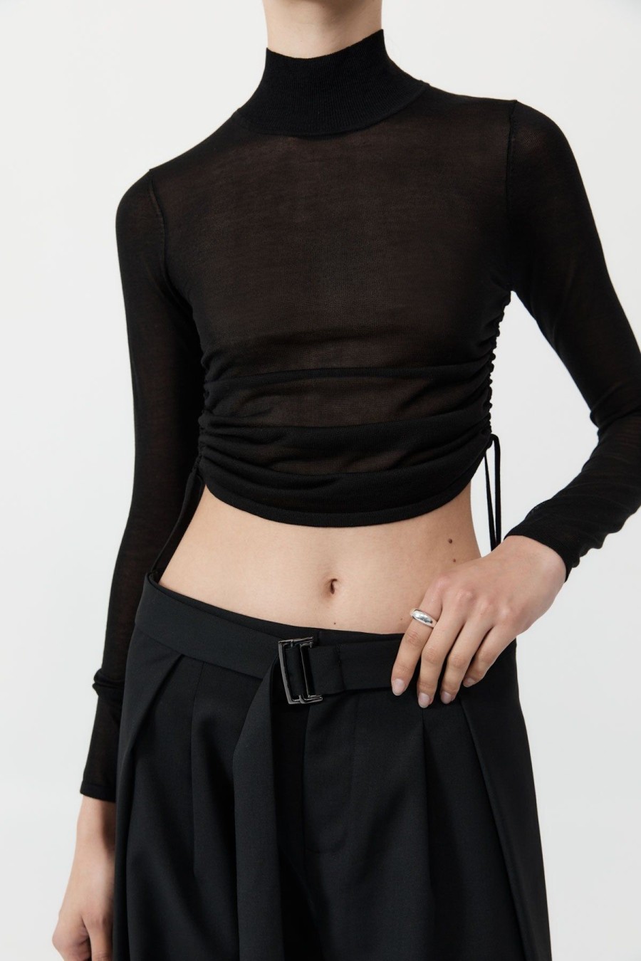 ST. AGNI Sheer Ruched Top - Black | Knitwear