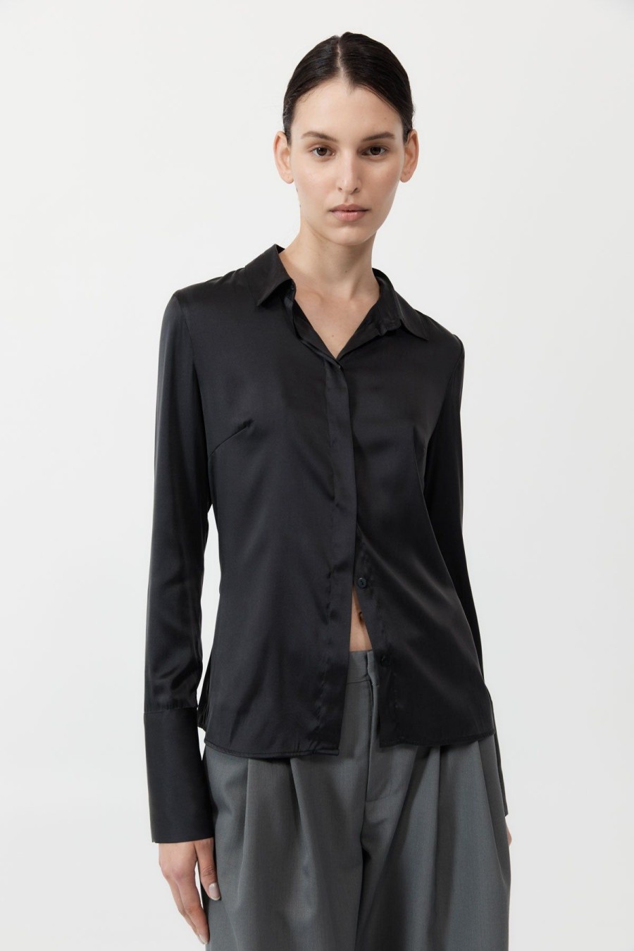 ST. AGNI Soft Silk Shirt - Black | Tops