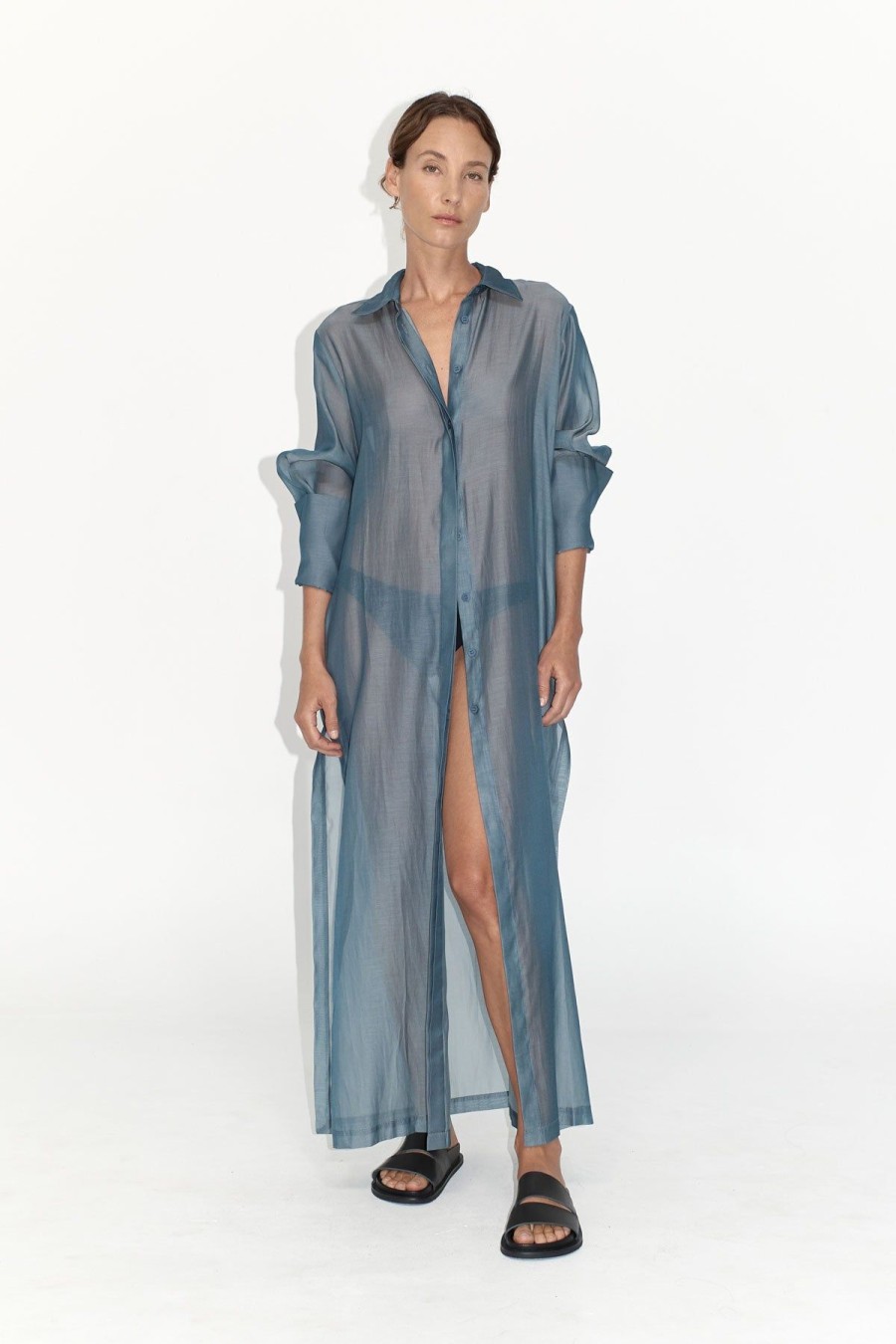 ST. AGNI Sheer Shirt Dress - Slate | Dresses