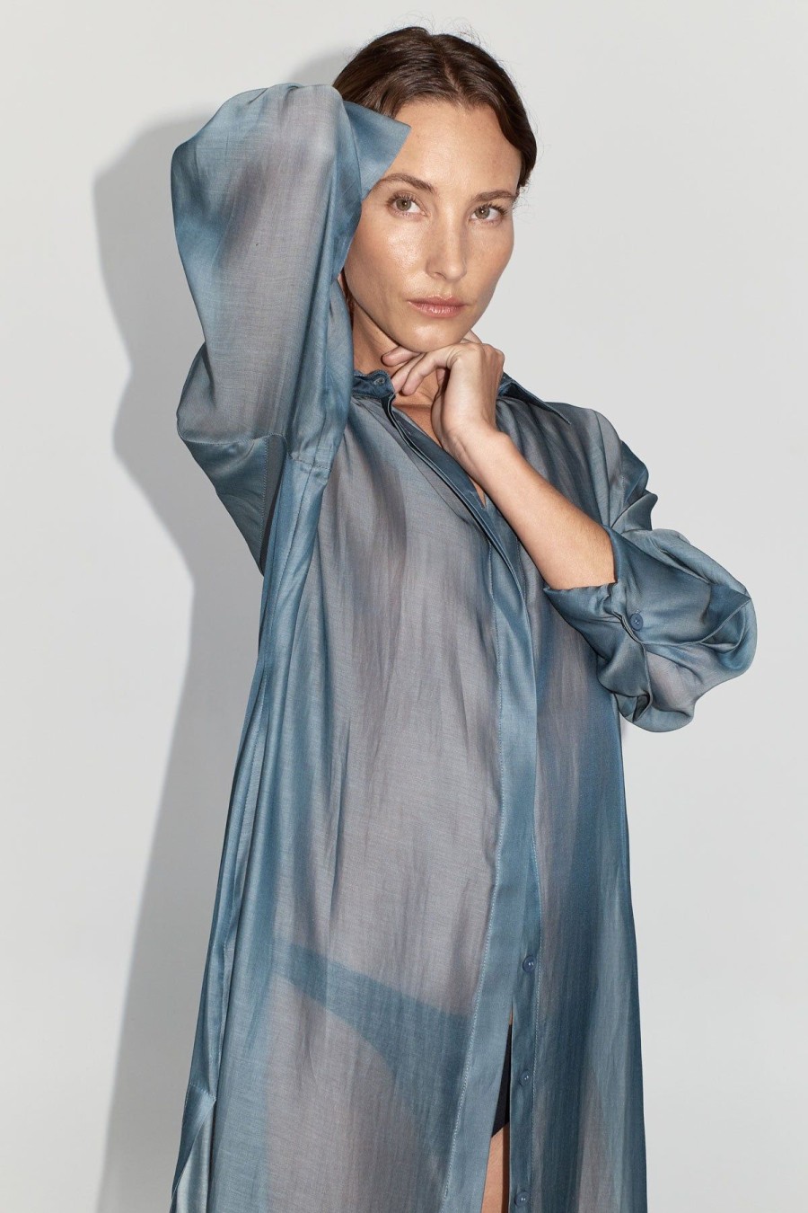 ST. AGNI Sheer Shirt Dress - Slate | Dresses