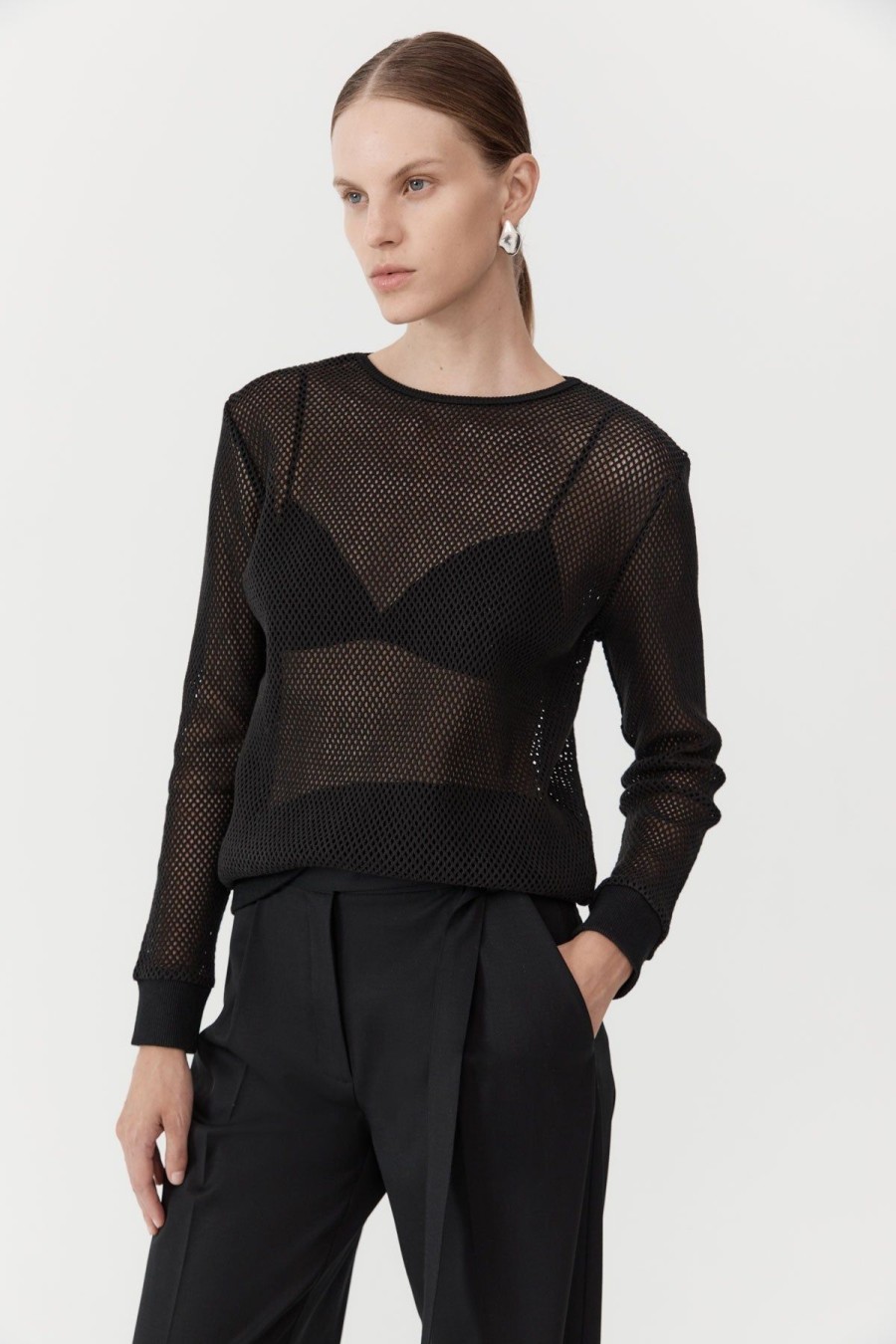 ST. AGNI Mesh Long Sleeve Top - Black | Knitwear