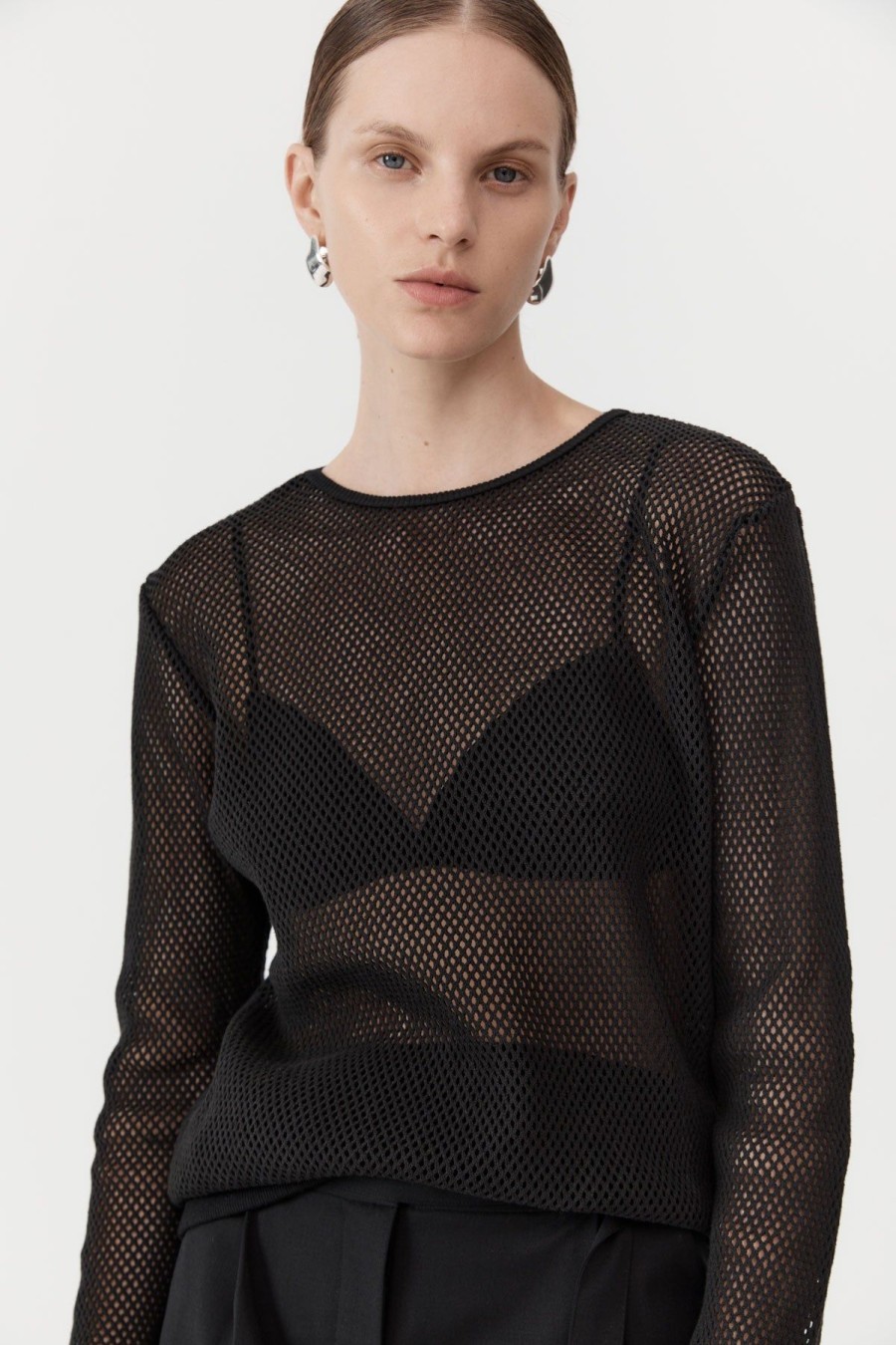 ST. AGNI Mesh Long Sleeve Top - Black | Knitwear