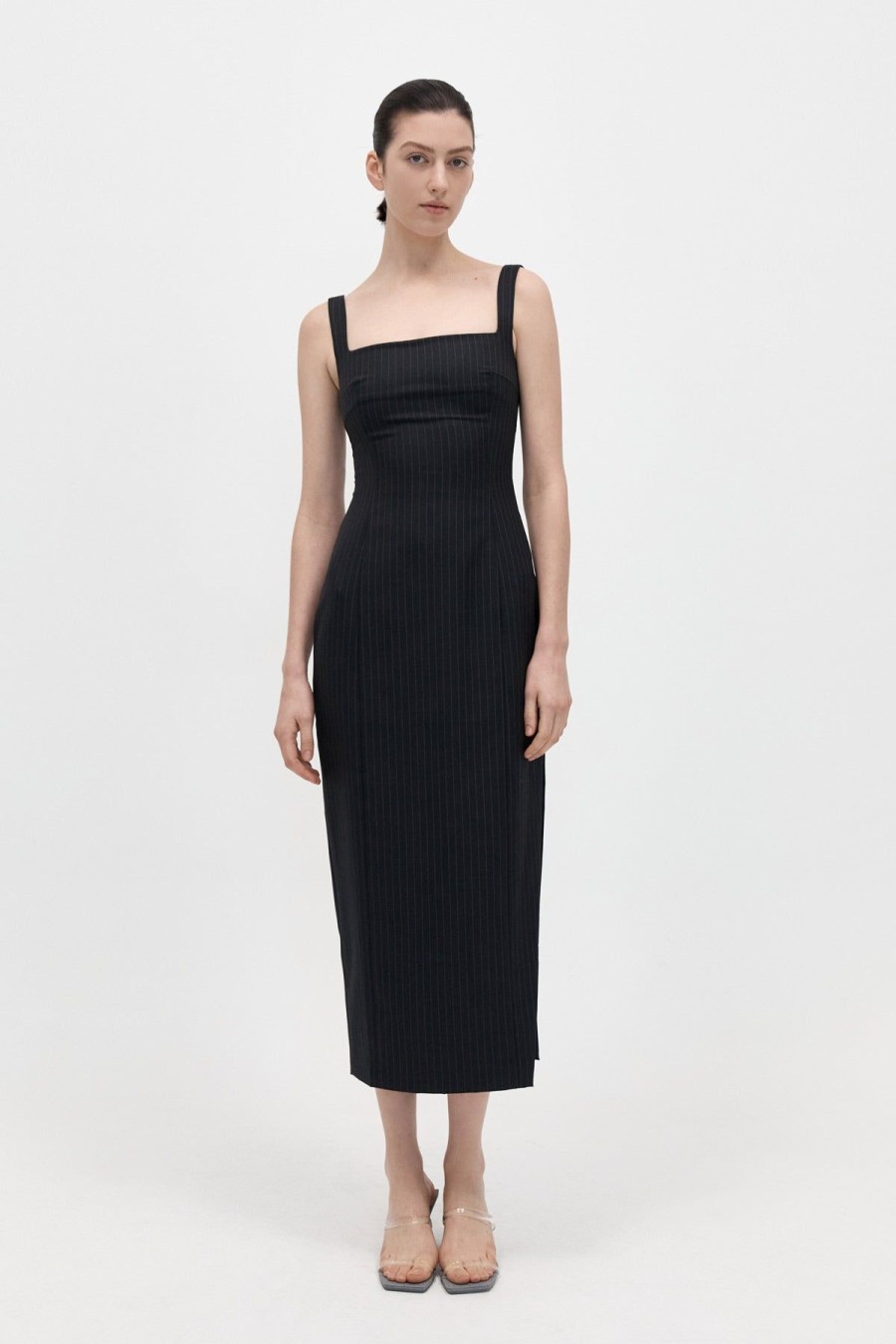 ST. AGNI Pinstripe Midi Dress - Black | Dresses