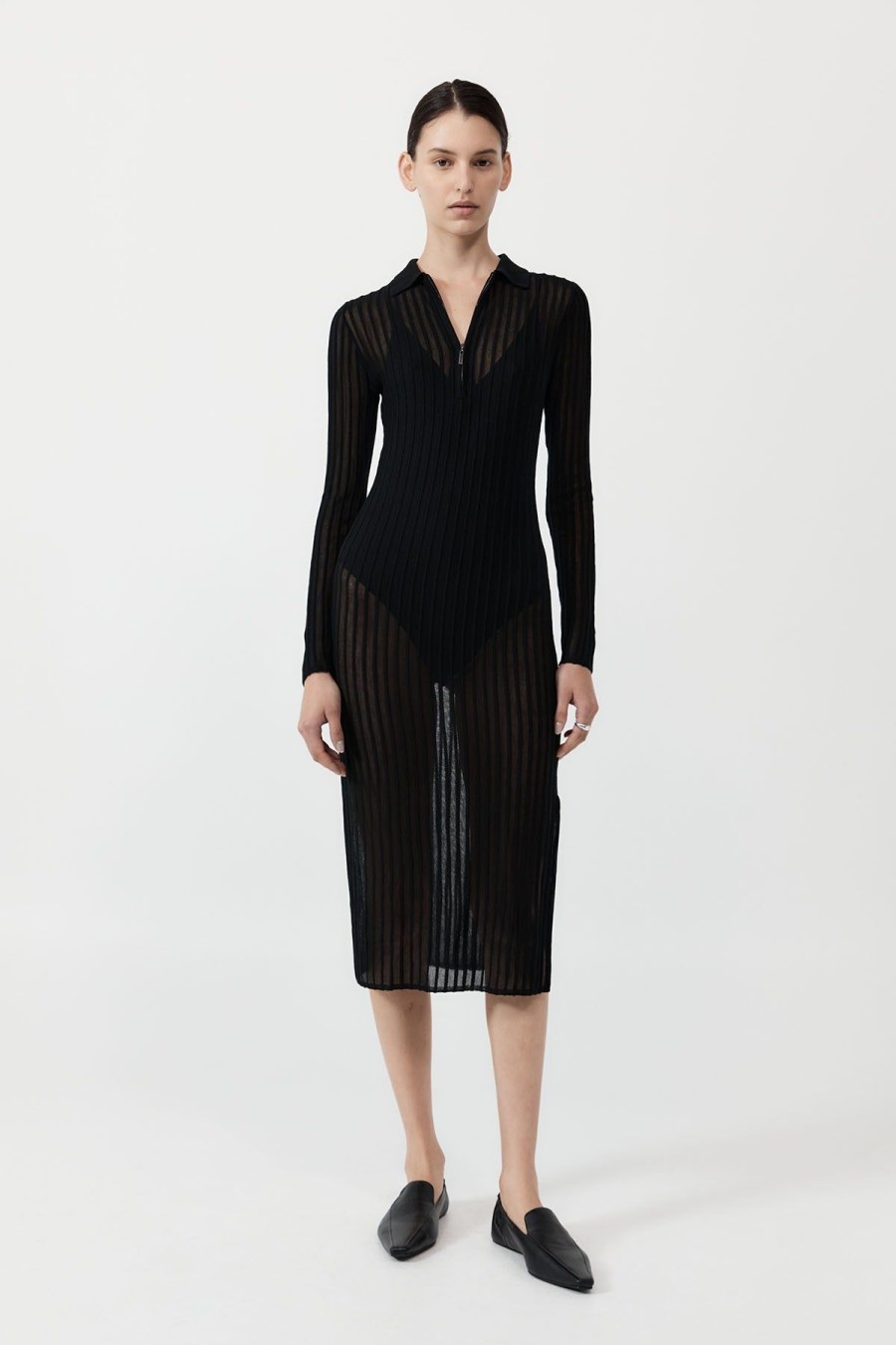 ST. AGNI Sheer Stripe Dress - Black | Knitwear