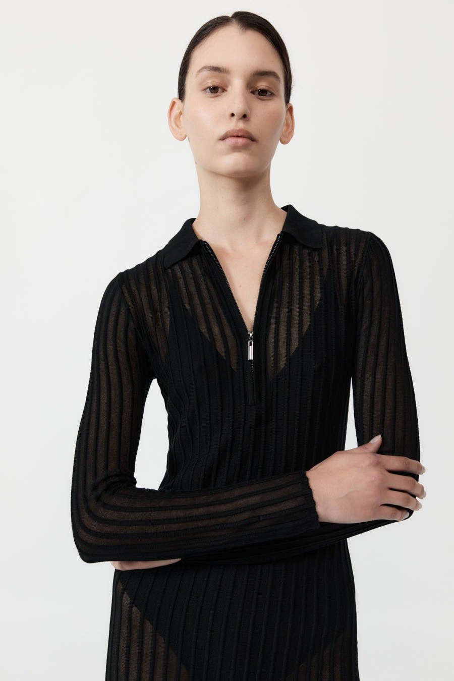 ST. AGNI Sheer Stripe Dress - Black | Knitwear